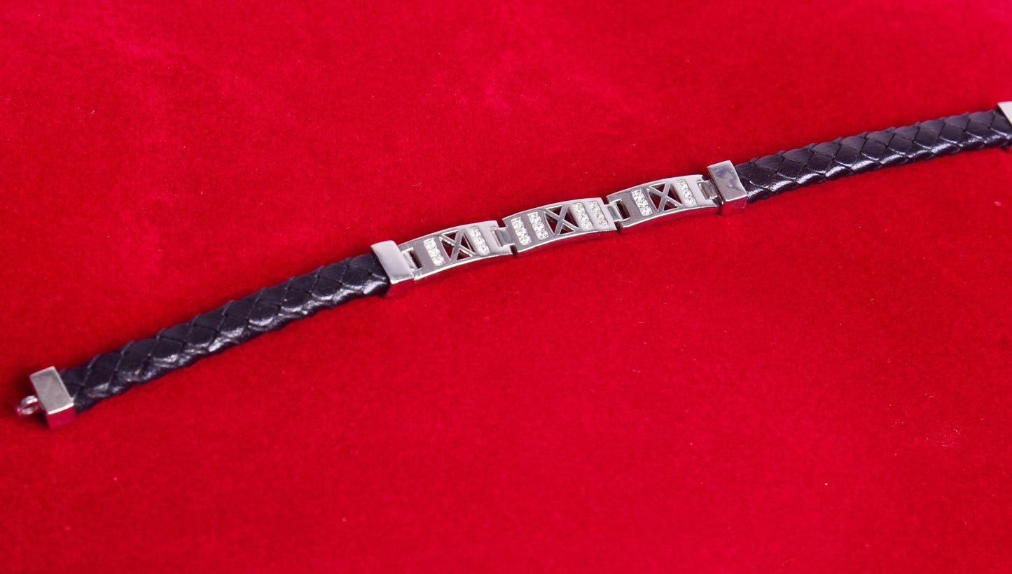 Diamond Cut Leather Strap Silver Bracelet | 925 Silver | Men's Bracelet - Indique