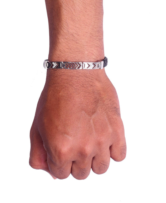 Silver Bracelet with Diamond-Cut Leather Strap | Crafted from 925 Sterling Silver | Men's Wristwear - Indique