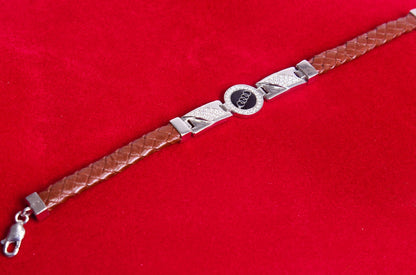 Audi Logo Leather Strap Silver Bracelet in 925 Sterling Silver | Men's Bracelets - Indique