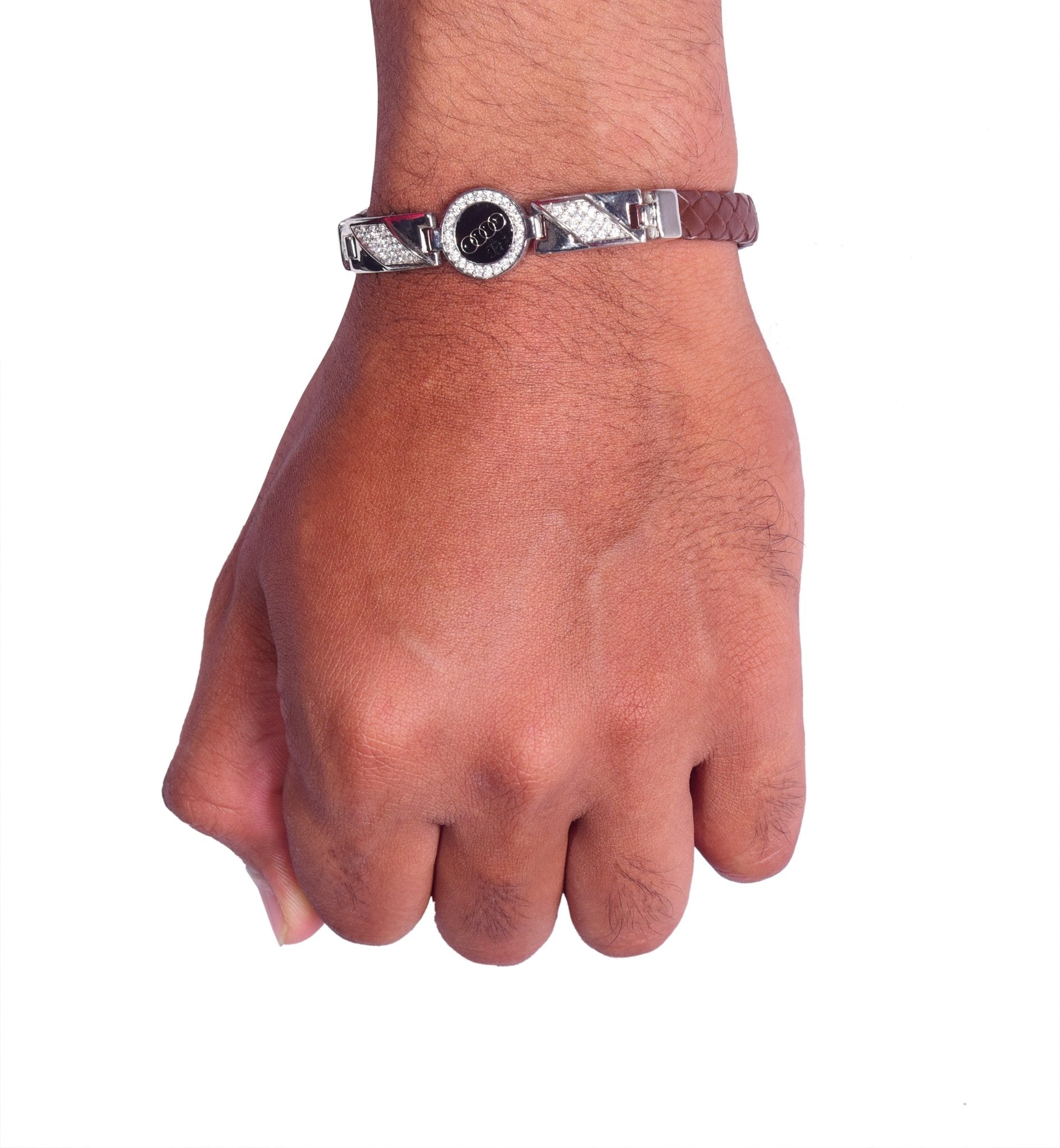 Audi Logo Leather Strap Silver Bracelet in 925 Sterling Silver | Men's Bracelets - Indique
