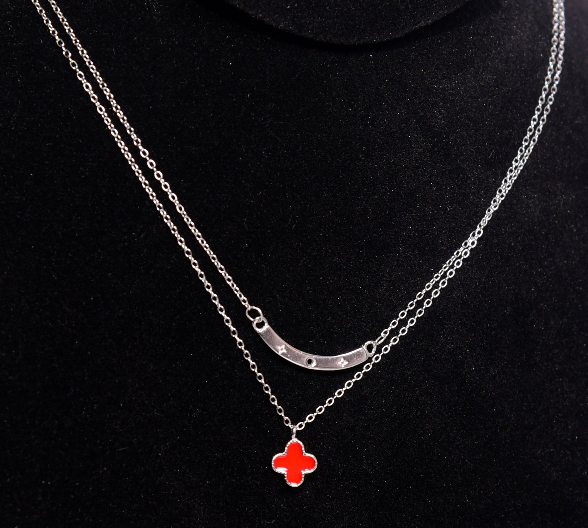 Silver Layer Chain | Red Cross Pendant | 2 Layer Women's Chain | 925 Premium Silver - Indique